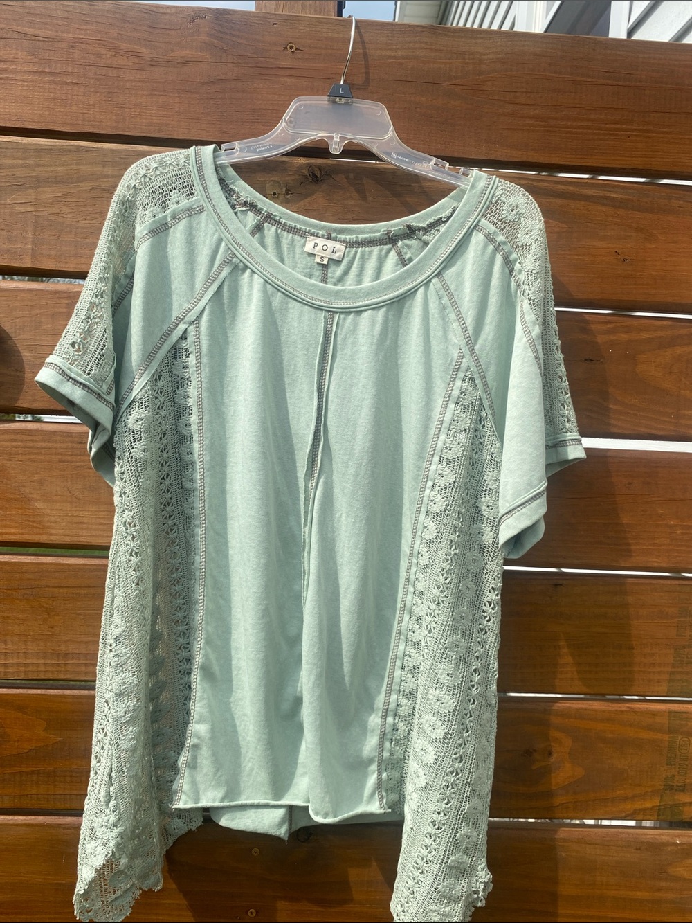 POL Mint Lace-Panel Short Sleeve Top